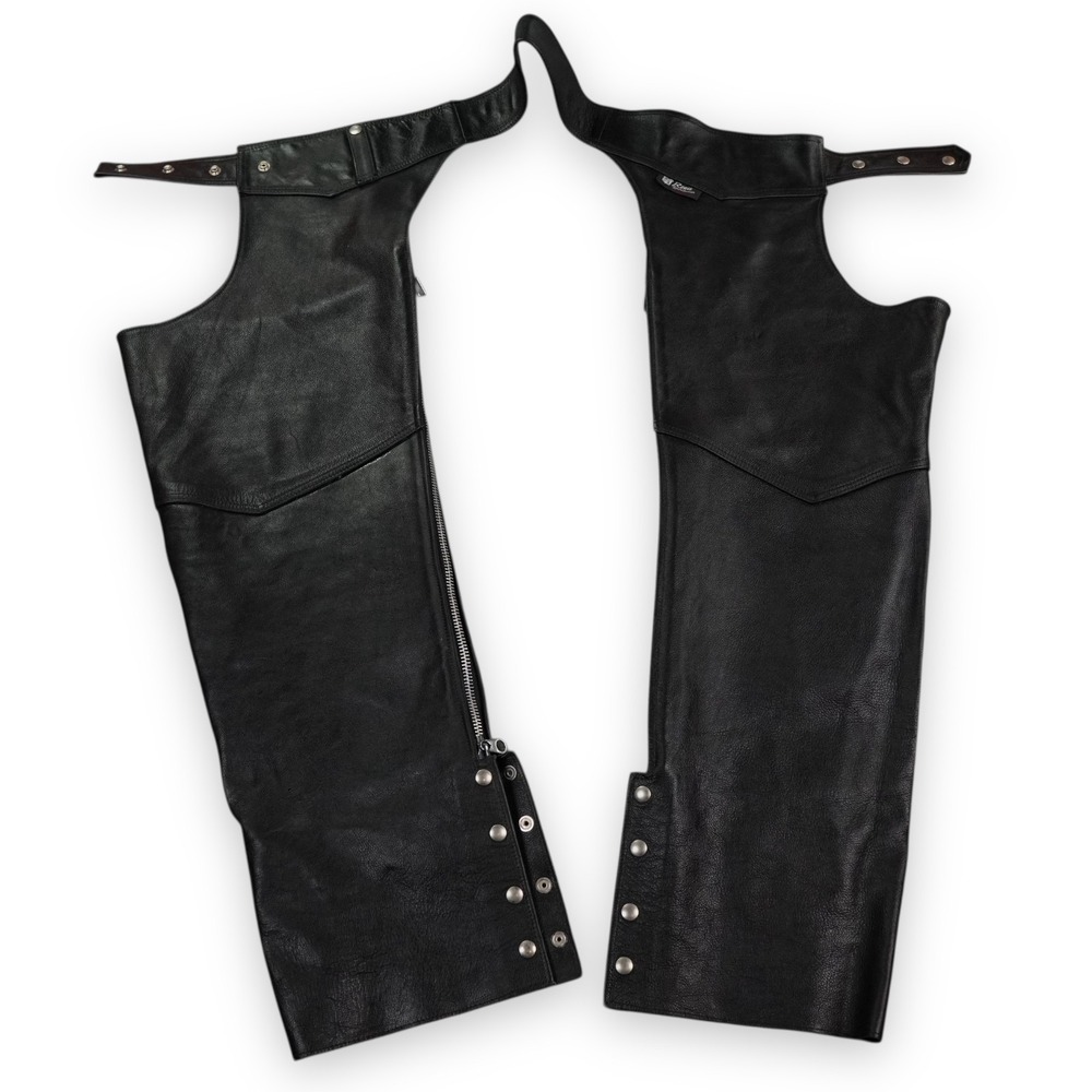 Vintage Reed Sportswear Leather Chaps‎ Black Motorcycle Adjustable Zip Snaps